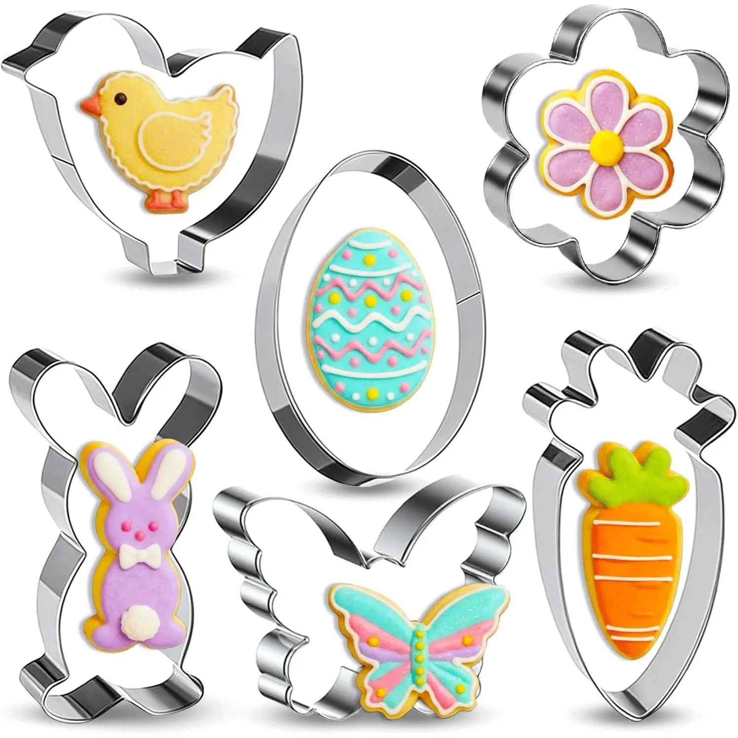 Easter Cookie Cutters 6 count Metal cookie cutters Stainless Steel Sets Egg, , Carrot, Chick, Butterfly, Daisy Shapes Cookie  for Spring Holiday Baking