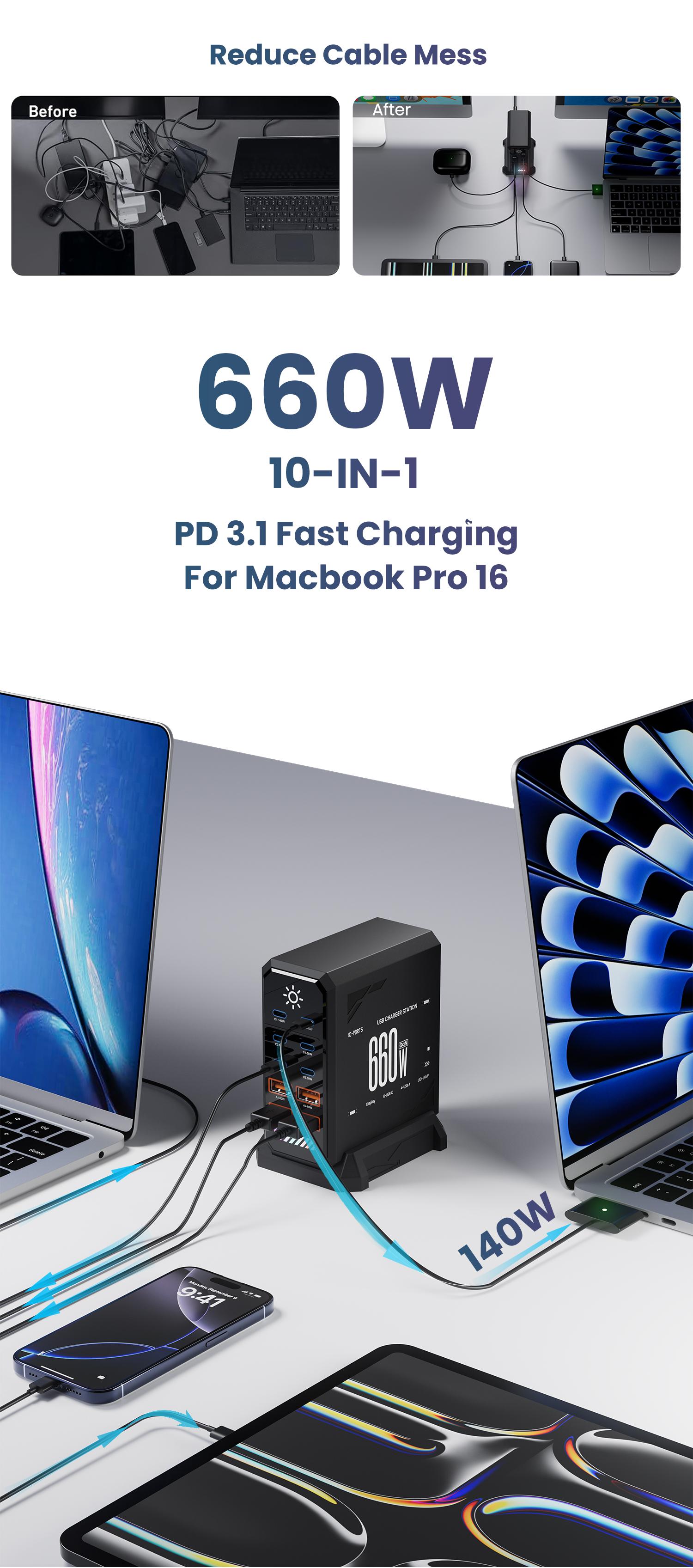 660W GaN USB C Charger Station 10 Port Fast Charger Type C PD3.1 PD3.0 PPS Quick Charger