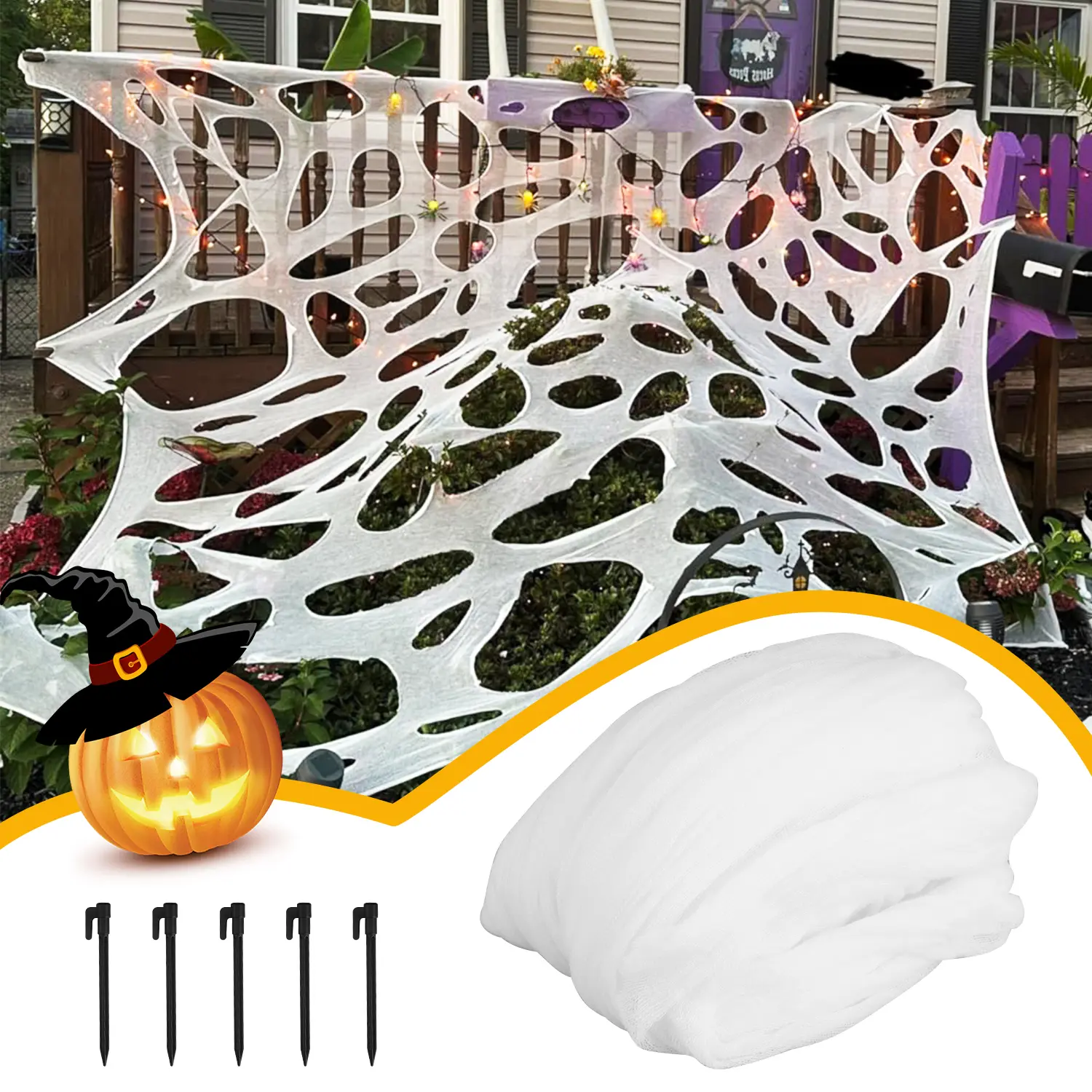 Halloween Giant Stretchy Cobweb Decoration - 1M×4.1M White Elastic Gauze Fabric Cobweb Mesh with Ground Stakes, Large Span for Indoor Outdoor Haunted House Party Decor, Outdoor Setup & Realistic Effect