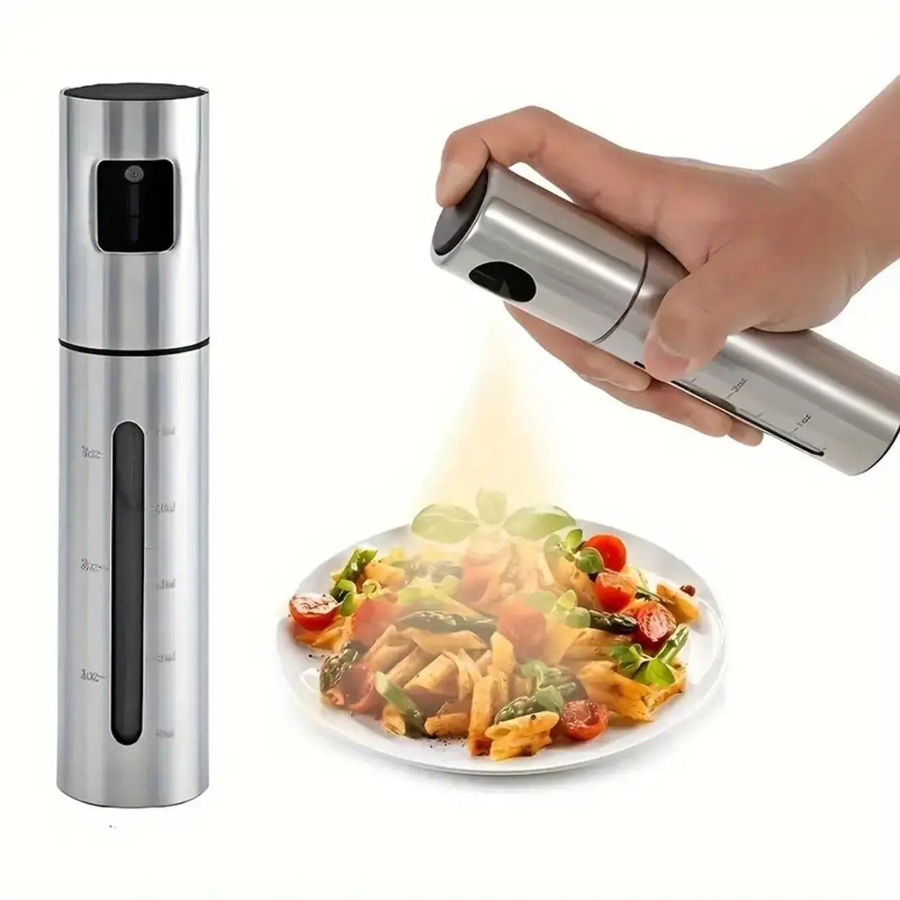 Stainless Steel Oil Sprayer Bottle, Olive Oil Dispenser, leakproof cooking oil mister with measurement markings for evenly spraying olive oil and other edible oils, kitchen essential Kitchenware for grilling, cooking, baking and salad preparation