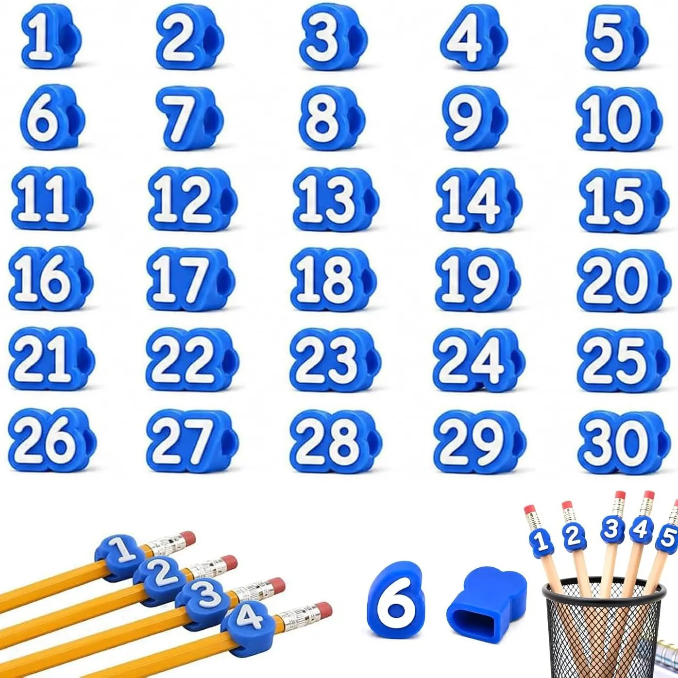 Numbered Pencil Toppers- Reusable Classroom Pencil Labels, Number Pencil Toppers for Classroom Organization and Supply Tracking Station (Numbers 1-30/Blue
