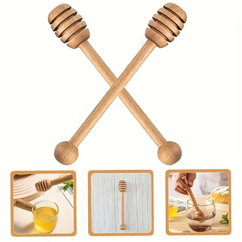 2-Pack Wooden Honey Stirrers, Natural Wood Hive Drip Strainer, Long Handle Spoon for Honey Syrup Jam, Kitchen Utensils and Mixing Tools
