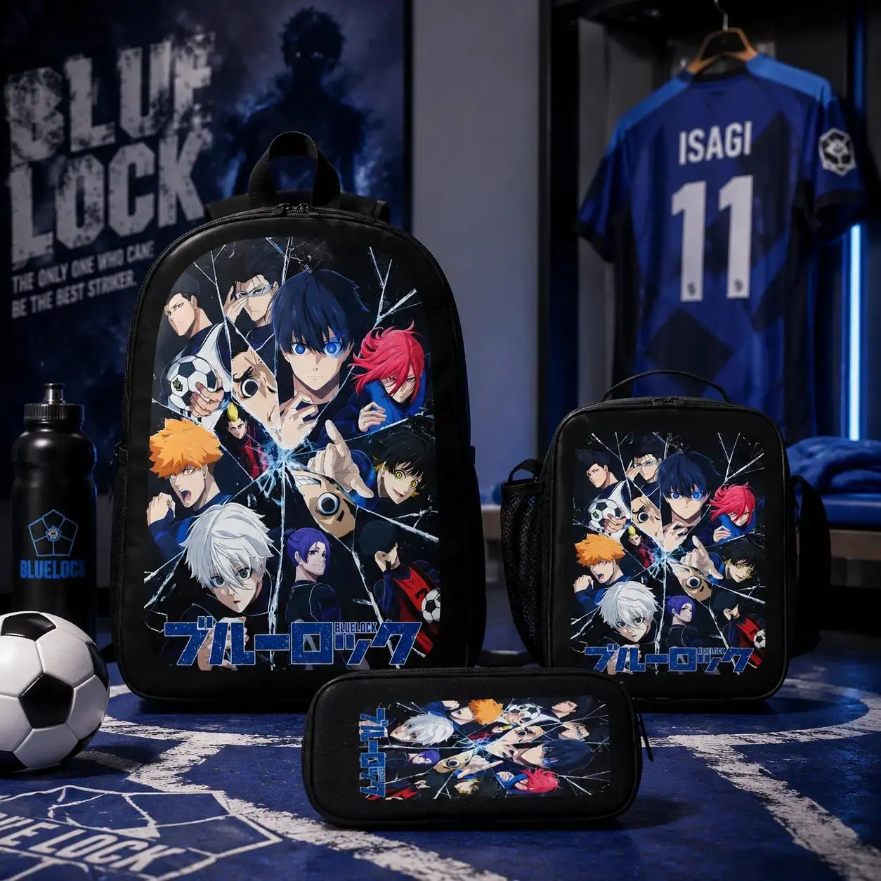 Blue Lock Anime Backpack Character Faces Adjustable Straps Zipper Black Base Anime Fans Conventions Everyday 3 Piece Set Backpack Lunch Pencil Case