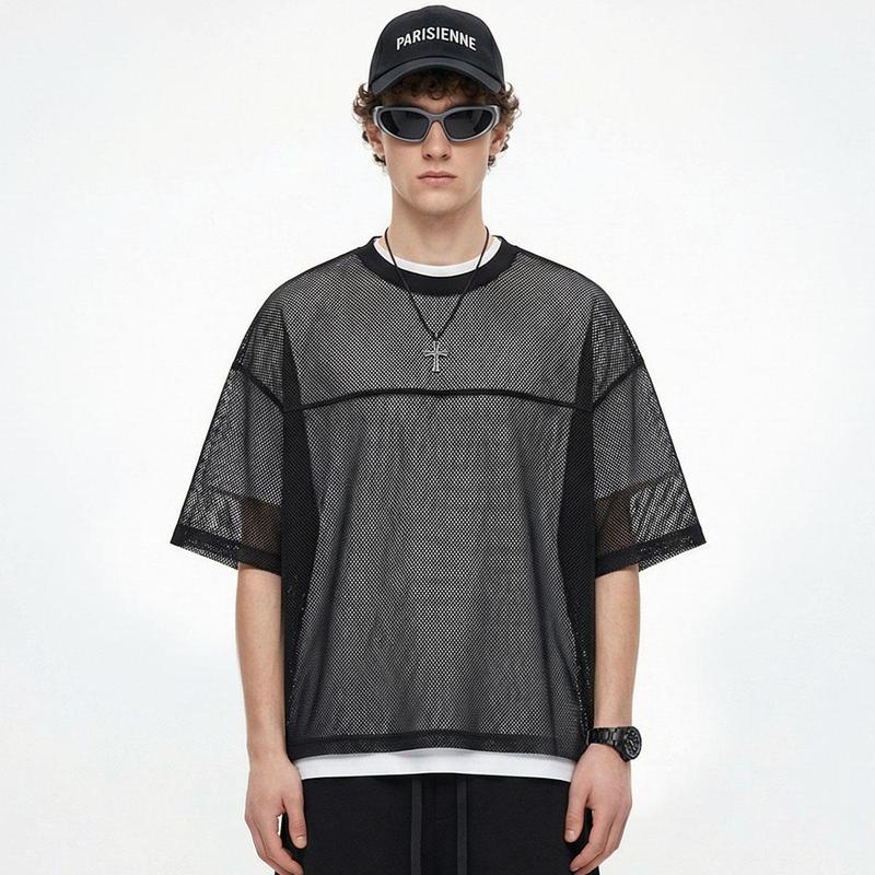 Unisex Boxy Fit Black White Mesh T Shirt for Mens 260G Heavyweight Vintage Streetwear Crop Top Breathable Layering Tee