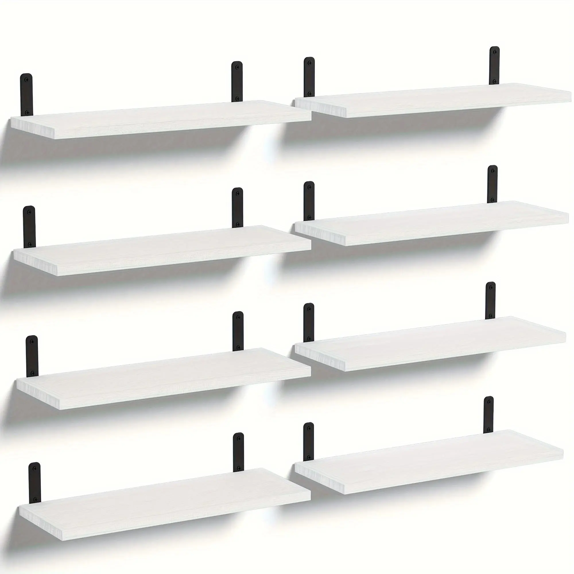 8-Piece White Wooden Minimalist Floating Shelves Set, Wall-Mount Space Saver for Bedroom, Bathroom Vanity Shelves & Home Room Decor