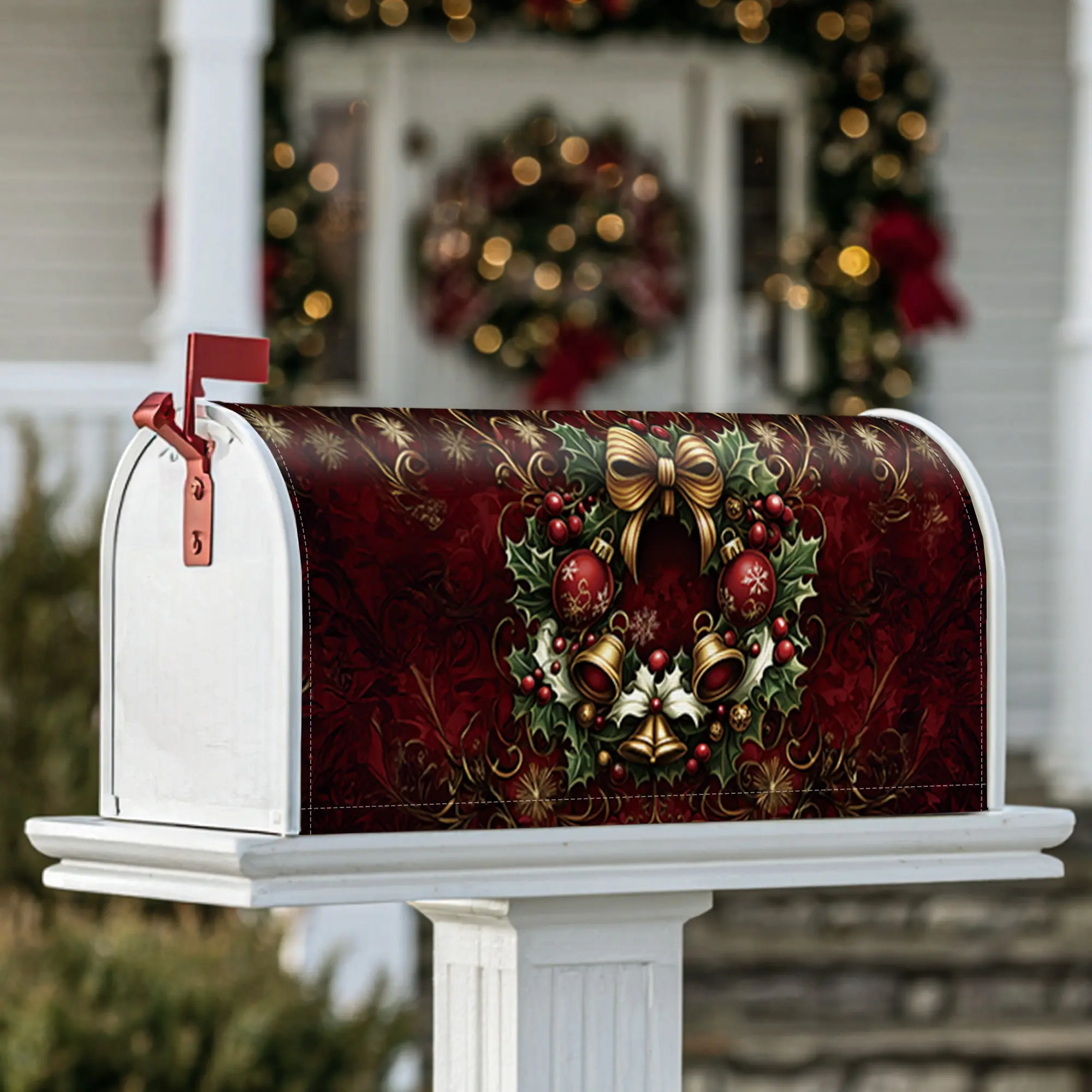 wreath Magnetic Mailbox Covers, Christmas festive bells holly Christmas red Mailbox Skin for Front Door Decor