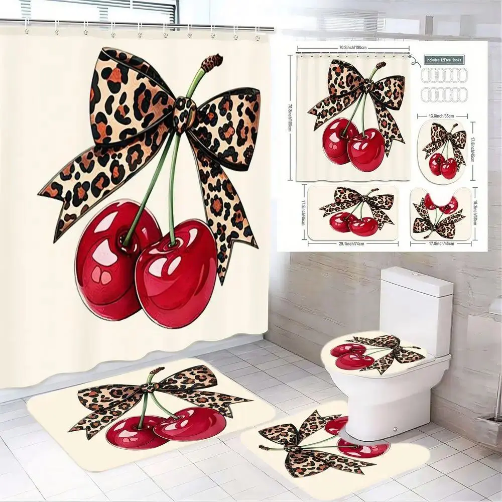 1/4pcs Leopard Print Cherry Bathroom Set with hooks, Beige Shower Curtain Sets with Glossy Red Cherries, Matching Bath Mats & Toilet Cover - Playful Bold Design for Spring Decor, Modern Bathroom Upgrade, Bathroom Supplies