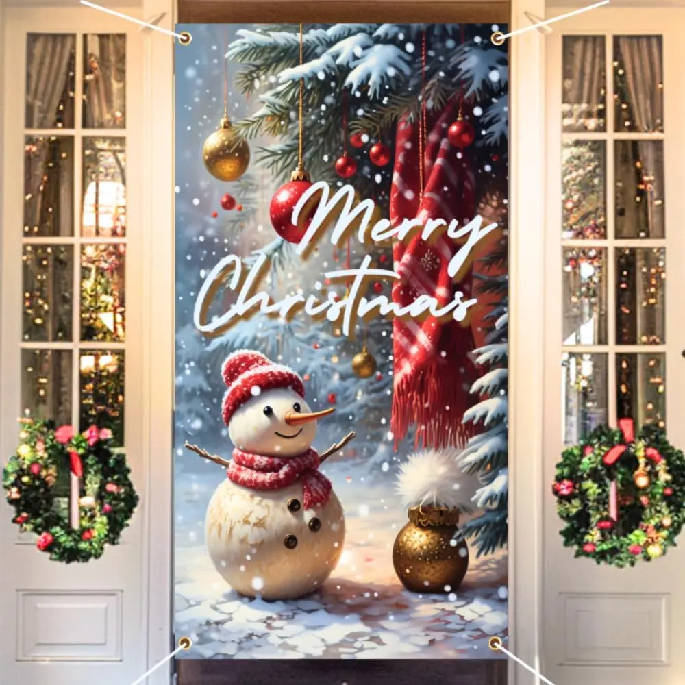 Christmas Door Cover Merry Christmas Door Cover Snowman Decoration Xmas Decoration, 6 x 3 , Winter Holiday Front Door Indoor Background Banner Party Decor Supplies