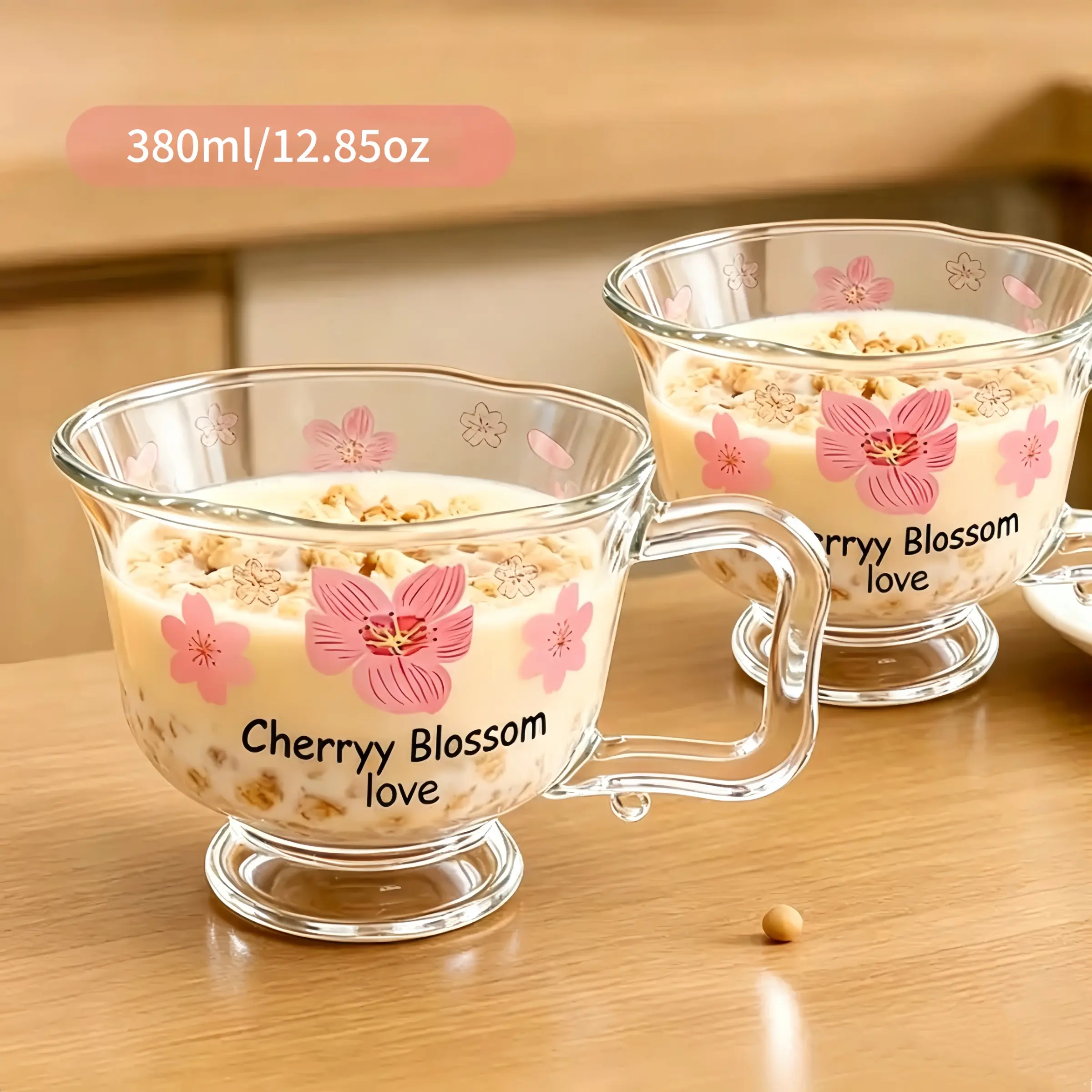 380ML Cherry Blossom Print Thick Glass Cup, Cute Wave Handle Heat Resistant Breakfast Cup, Large Capacity Milk Coffee Juice Water Cup, Perfect Gift