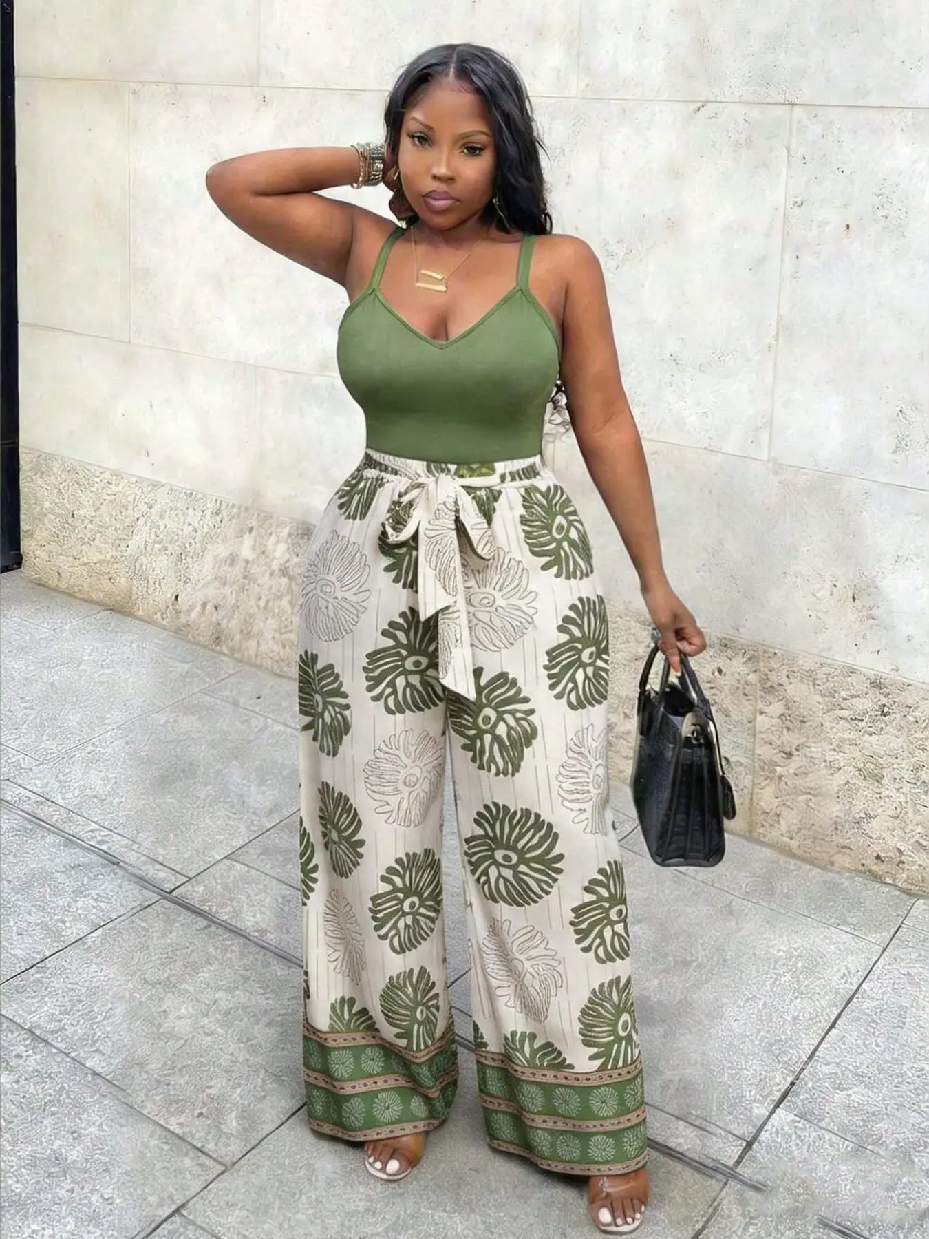 Summer Boho Chic Style Bohemian Tank Top & Wide Leg Pants Set, Music Festival Theme, Easter, St Patrick's Day, Casual Wear, Floral Pattern Ly6038