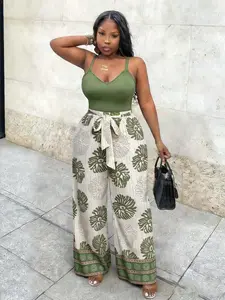 Summer Boho Chic Style Tank Top & Wide Leg Pants Set, Music Festival Theme, Easter, St Patrick's Day, Casual Wear, Floral Pattern Ly6038