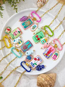 6 Pc Summer Colorful Enamel Carabiner Clasp Pendant Necklace with Charms, Cherry Lobster Palm Tree and Fish Charm Necklaces, 18K Gold Plated Stainless Steel Chain with Interchangeable Charms, Boho Vacation Jewelry for Women
