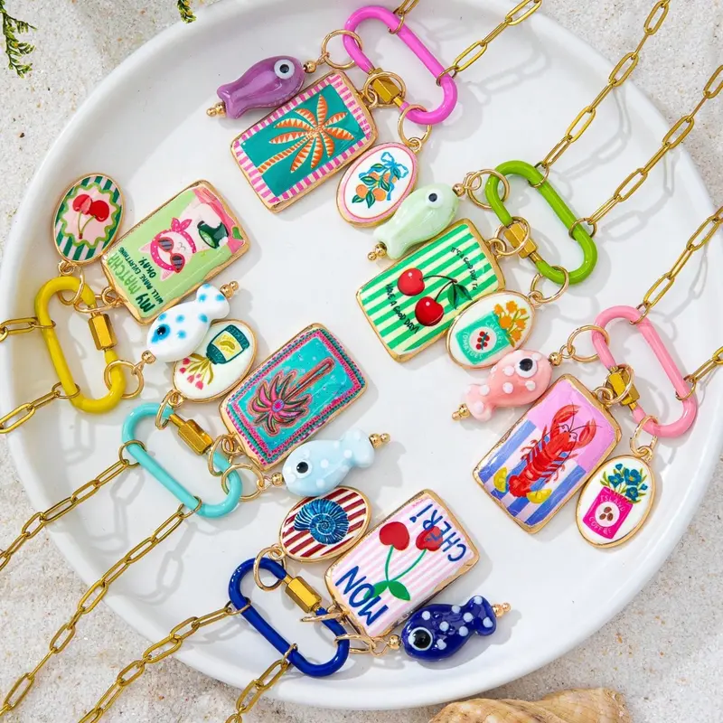 6-Pc Colorful Enamel Carabiner Clasp Charm Whimsical Necklace Set, Trendy Necklace, Cherry & Fish Pendants, 18K Gold-Plated Stainless Steel Chain with Interchangeable Charms, Boho Vacation Jewelry for Women, Decorative Necklace