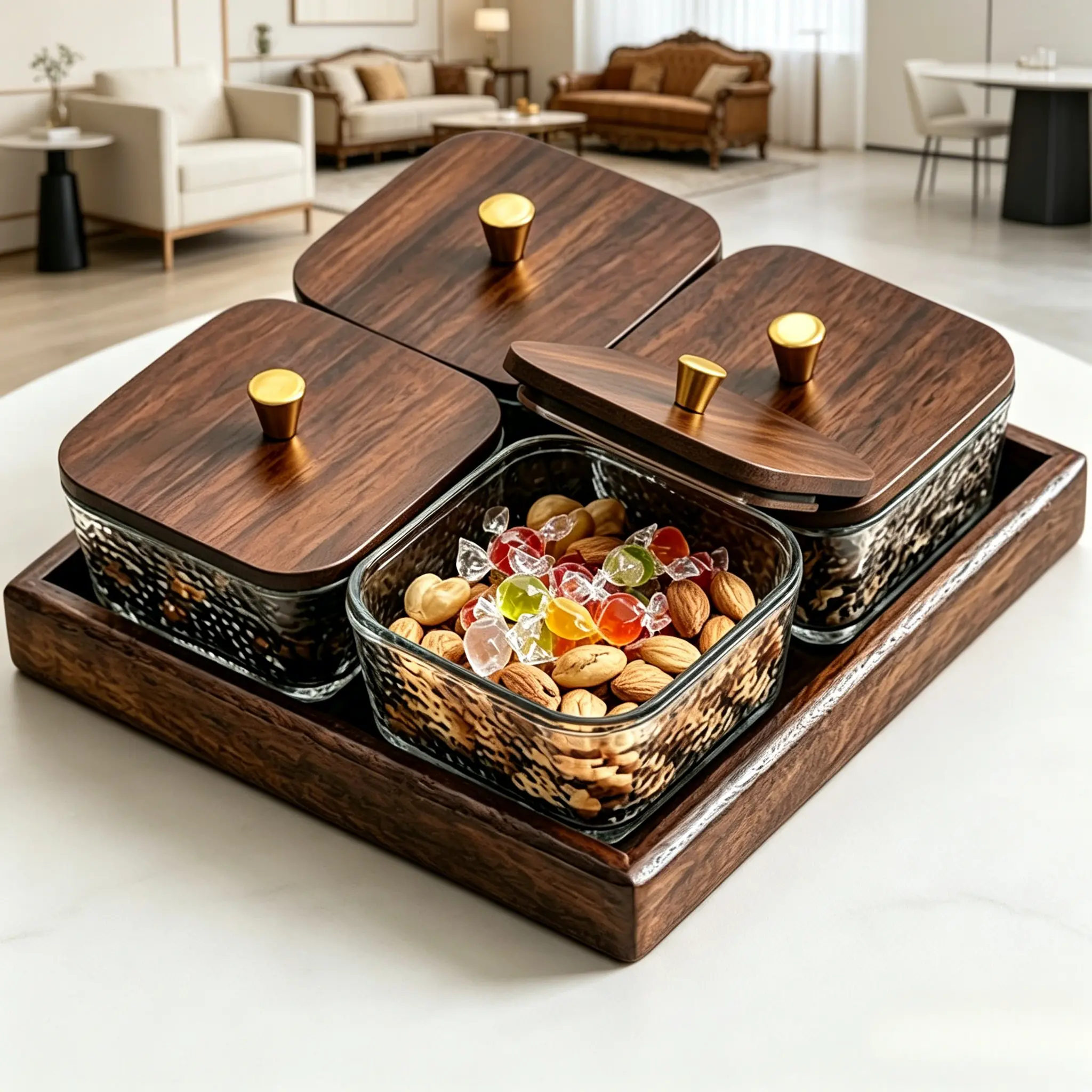 Sectional Glass Divided Snack Bowl Set with Wood Lids - 4 Assorted Food Containers, Kitchen Serving Board, Elegant Design Food Storage & Snack Organizer Box for Nuts, Gatherings, Space-Saving Home Organizer