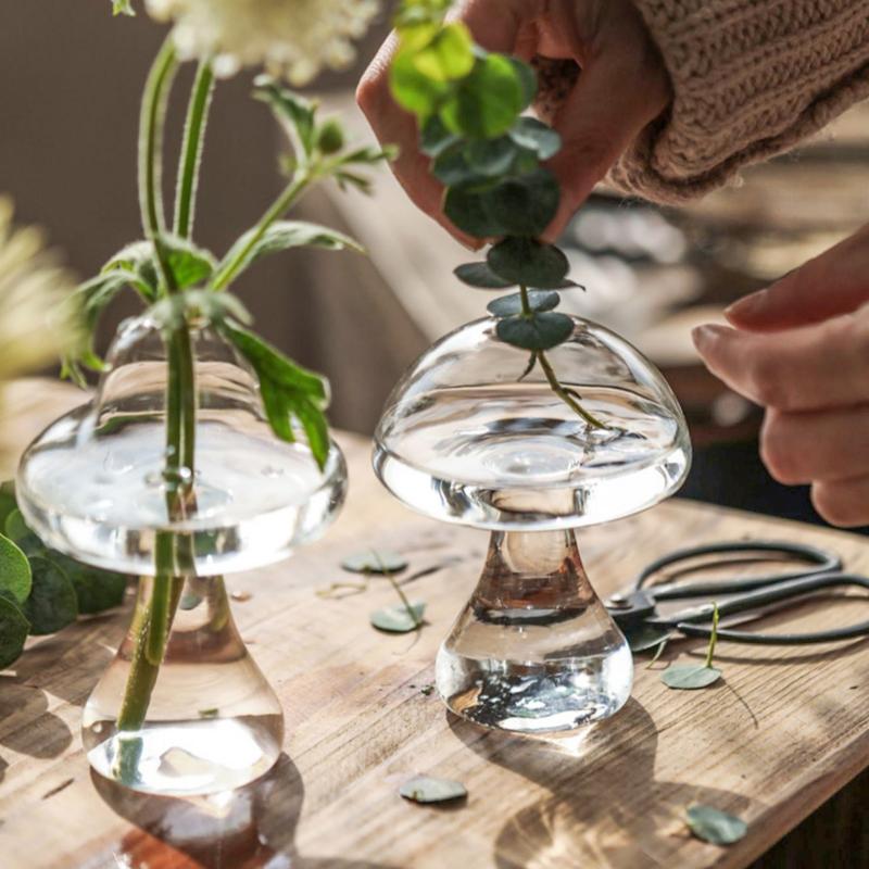Clear Glass Flower Vase, 1 Count Modern Creative Plant Pot, Mushroom Shape Flower Vessel For Home Bedroom Balcony Decor, Decorative Flower Vase