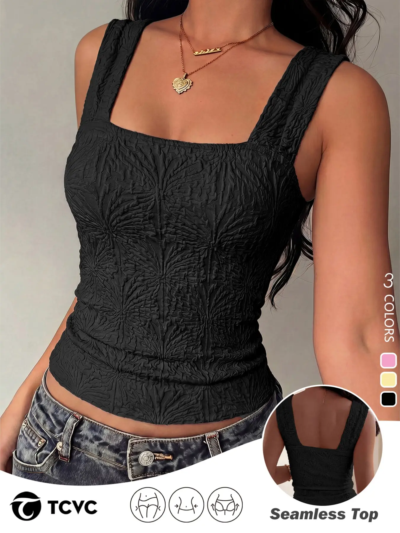 Women's Textured Jacquard Tank Top, Square Neck Sleeveless Short Crop Strap, High Stretch Seamless Slim Fit Innerwear, Y2K Millennial Style, Casual Everyday Wear, Casual Flattering Sleeveless Cropped