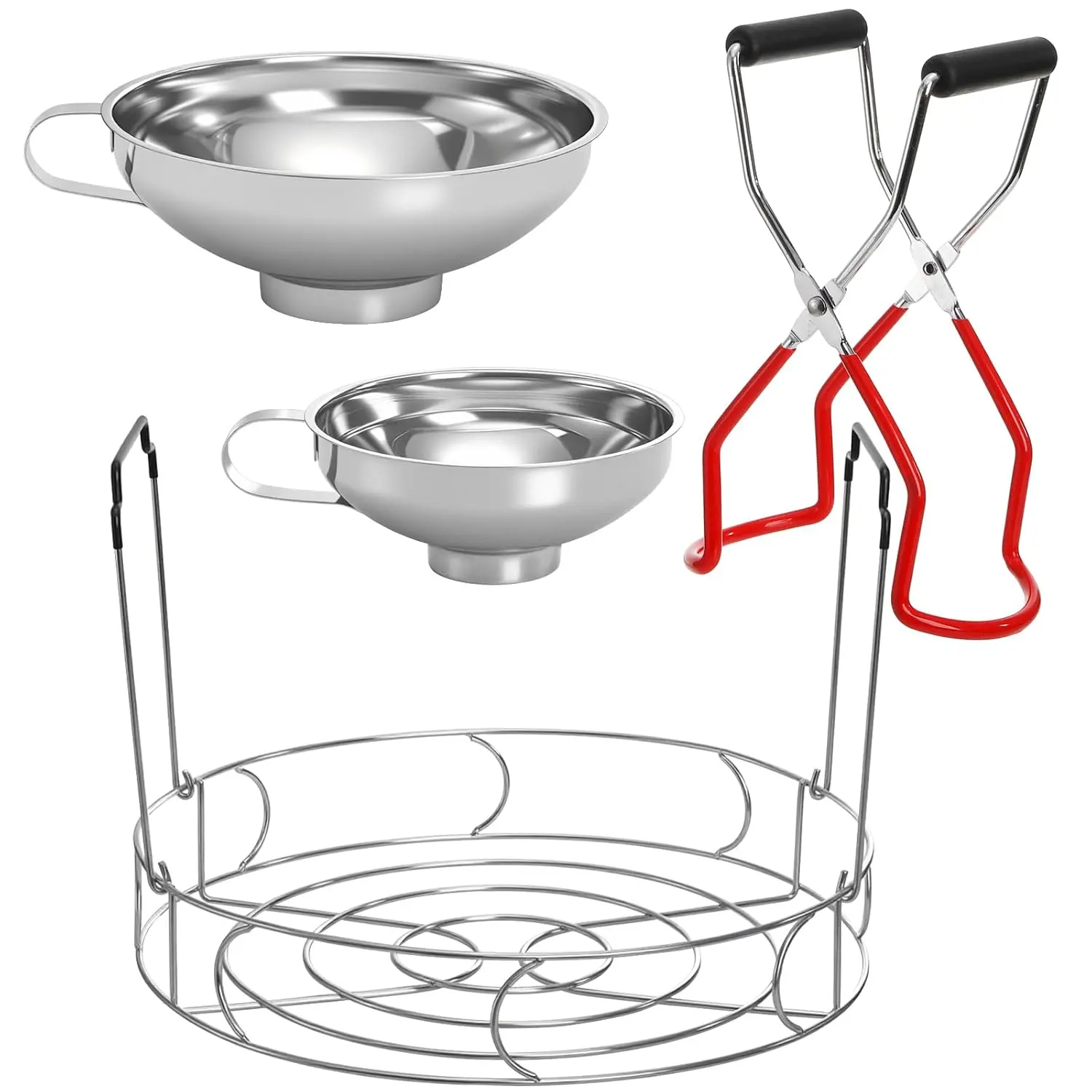4 Pieces Canning Kit, 1PC Canning Rack+ 1PC Jar Lifter Tong+ 2PC Funnels, Stainless Steel Canning Supplies for Mason Jars