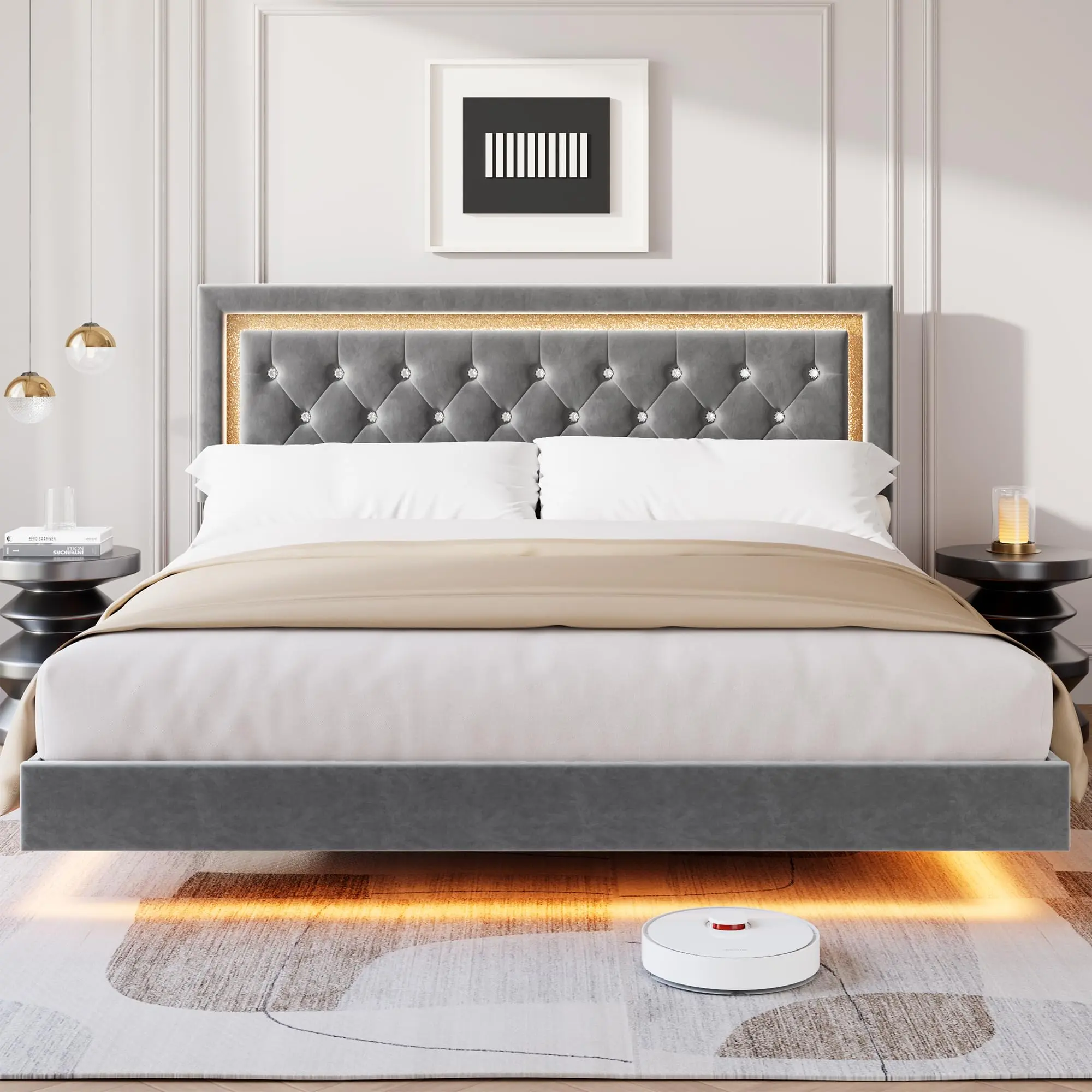 Modern Platform Bed Frame, Floating Design with Smart LED Lights and Upholstered Diamond Headboard – Sturdy Wood Slats, Noise-Free, Easy Assembly – Available in King, Queen or Full Size