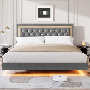 Modern Platform Bed Frame, Floating Design with Smart LED Lights and Upholstered Diamond Headboard – Sturdy Wood Slats, Noise-Free, Easy Assembly – Available in King, Queen or Full Size