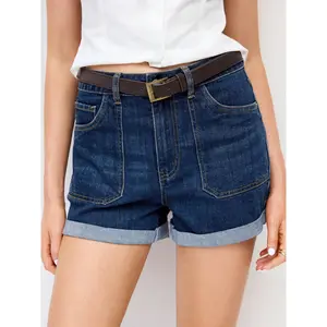 Cider Stretch Denim Mid Rise Washed Roll Hem Shorts With Belt