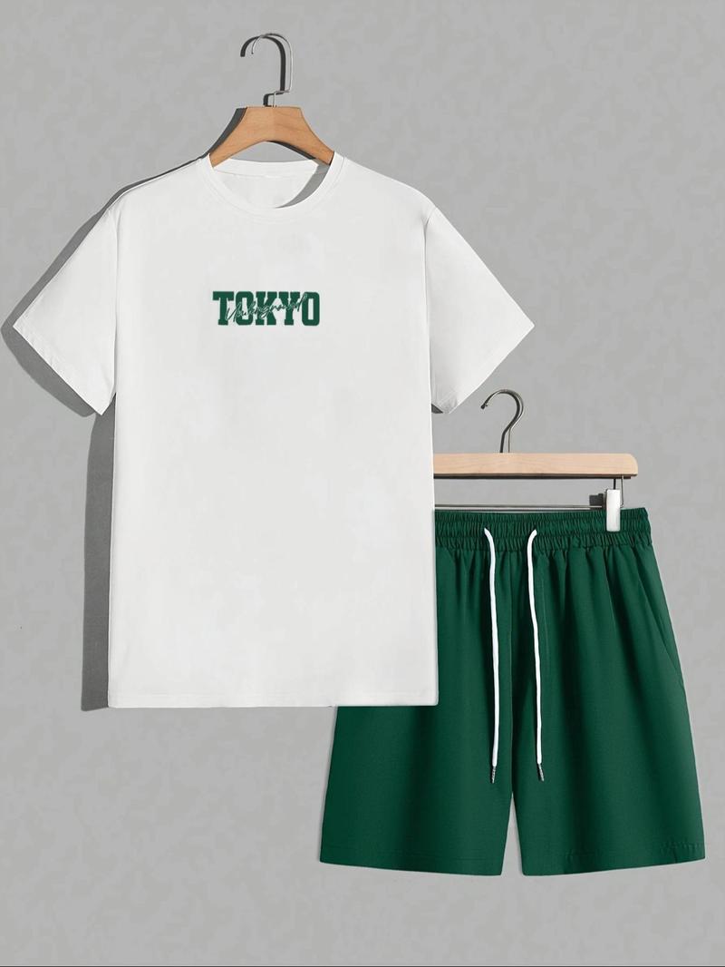 Two-Piece Set Men's Car Print Tee & Shorts, Regular Fit Casual Round Neck Short Sleeve T-shirt & Track Shorts, Men's Summer Clothes