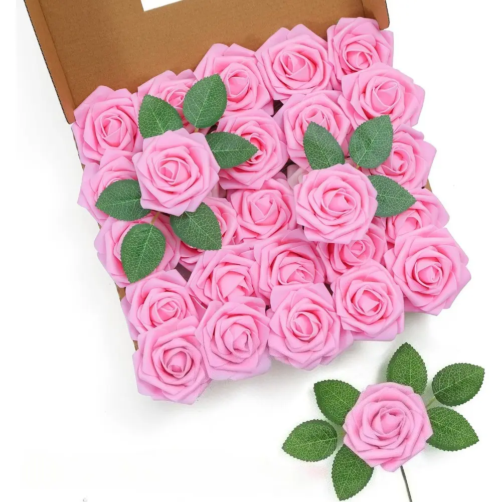 50pcs Artificial Pink Foam Roses with Stems - 3" Head Realistic Look Floral Decor for Wedding Bouquets, Bridal Shower Centerpieces, Artificial Pink Flower Arrangement