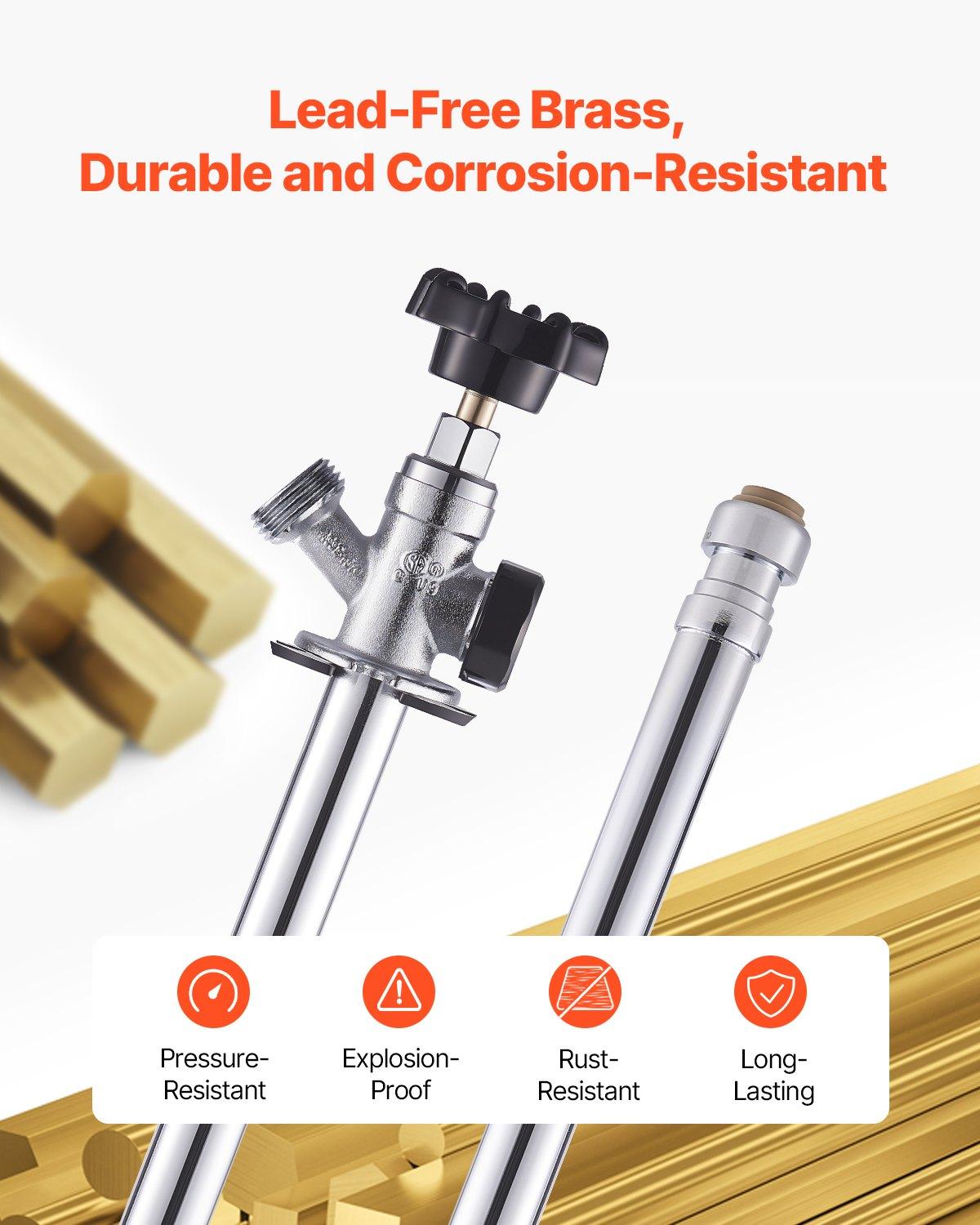 VEVOR 12-Inch Frost-Free Sillcock, 1/2" PTC x 3/4" MHT Hose Bibb, Anti-Siphon Lead-Free Brass Valve, Push-to-Connect Brass Plumbing Fitting, Compatible with PEX, Copper, CPVC Pipes