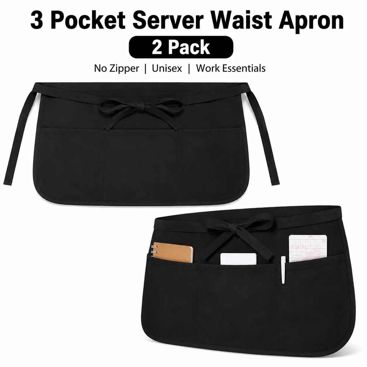 2 Pack Black Basic Server Waist Apron with 3 Pockets, Unisex Half Apron for Men Women, Waitress Waiter Restaurant Apron, Work Essentials Apron for Serving, Barista, Bartender, Kitchen, BBQ, Gardening, Salon, Painting, Vendor