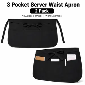 2 Pack Black Basic Server Waist Apron with 3 Pockets, Unisex Half Apron for Men Women, Waitress Waiter Restaurant Apron, Work Apron for Serving, Barista, Bartender, Kitchen, BBQ, Gardening, Salon, Painting, Vendor