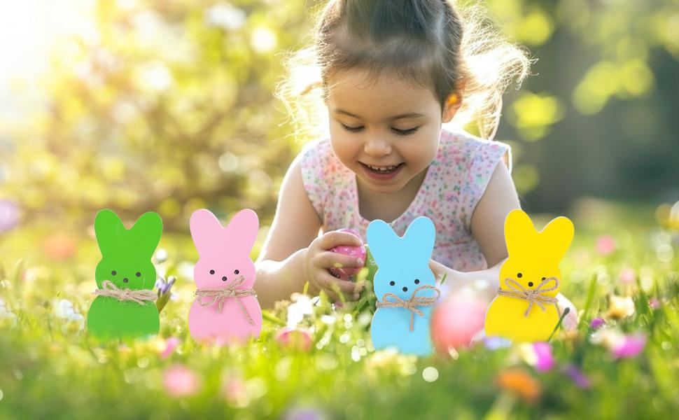 Easter Décor, 4 Pcs Bunny Table Decorations Wooden Spring Signs for Home, Wood Rabbit Tiered Tray/Mantal Décor for Farmhouse or Office Party Supplies