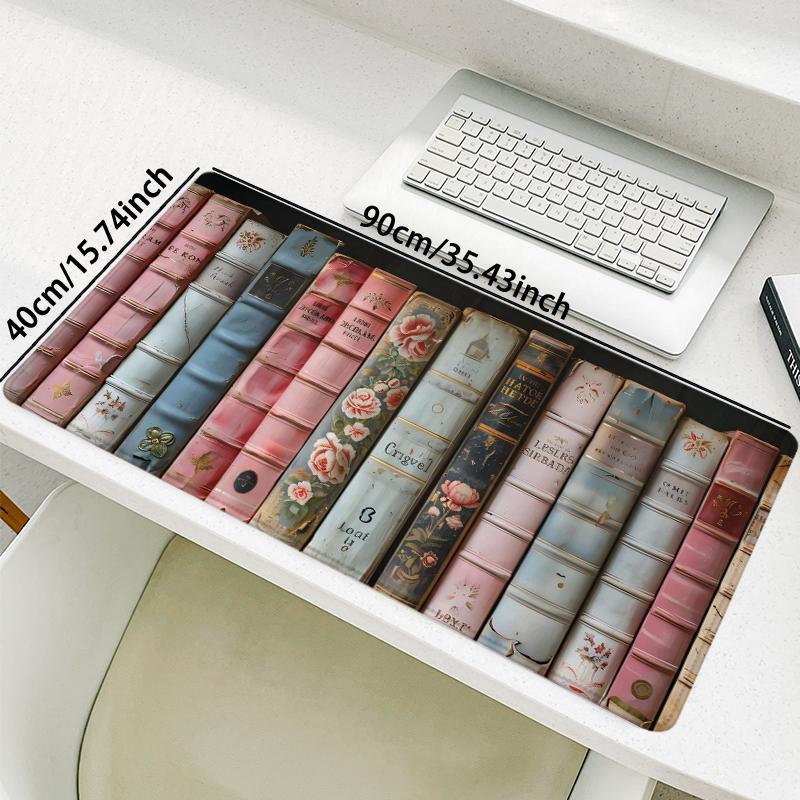 Vintage Books Pattern Mouse Pad, Large Non-Slip Rubber Base Stitched-Edge Desk Pad, Office Desk Accessory for Laptop & Desktop, Non-Slip Mousepad