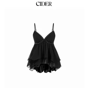Cider Chiffon V-neck metallic decor Ruffle Cami Blouse SummerWins Dealsforyou