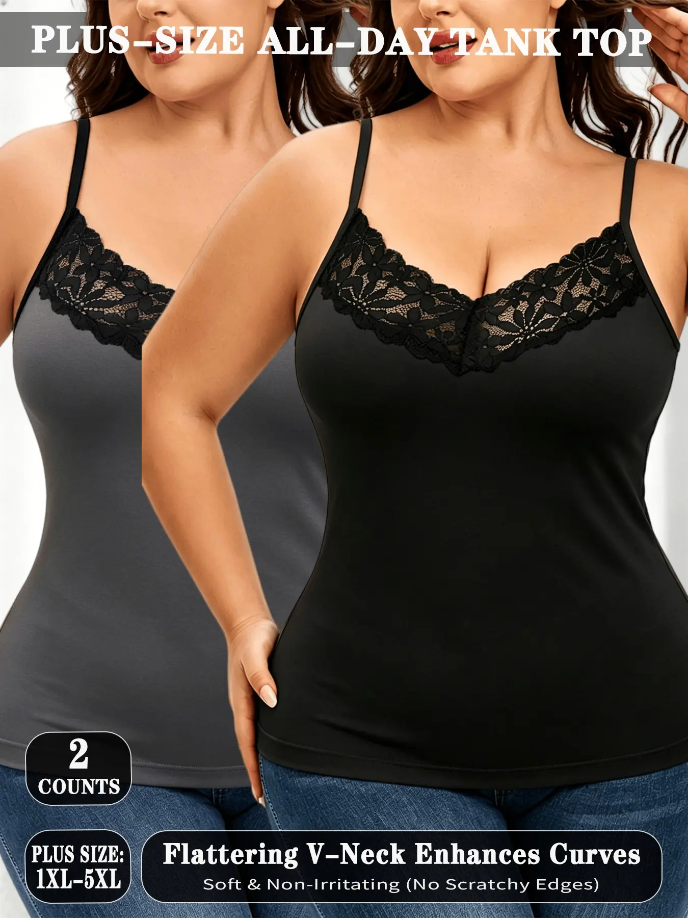 2-PCS Elegant Plus Size Women's V-Neck Lace Tank Tops, Shell Trim Thin Straps Fitted Sleeveless Bras, Comfortable All-Day Wear
