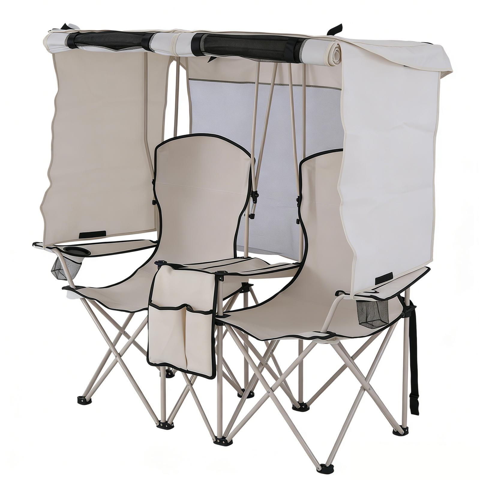 Folding Camping Two-Person Seat with Shade Canopy Portable Double Camping Chair with Cup Holder Cooler Bag Protection for Beach Fishing Camp Sports Event NEW