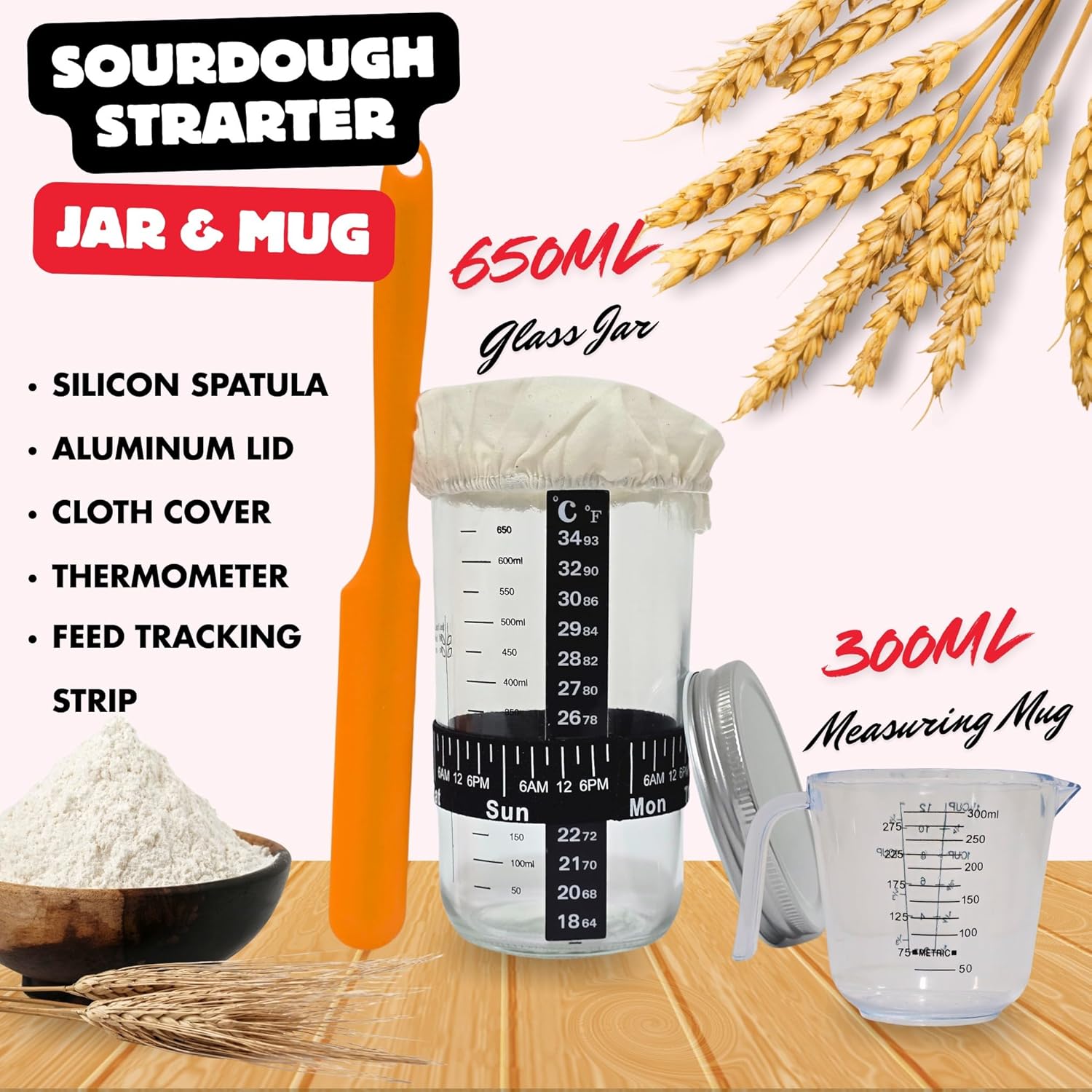 SUNDAY MIRTH Sourdough Starter Kit, Bread Baking Supplies with 9" Round & 10" Oval Banneton Proofing Baskets, Glass Starter Jar, Measuring Cup, Whisks, Scrapers & Lame.Complete Baking  for Beginners