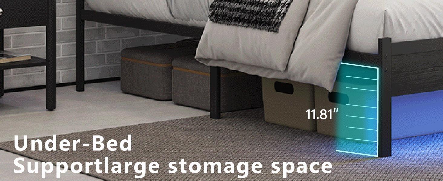 Full Size Bed Frame with Charging Station and LED Lights, Black Upholstered Headboard with 2-Tier Storage Shelves, Metal Bed Frame with Headboard, No Box Spring Needed, Easy Assembly,Black