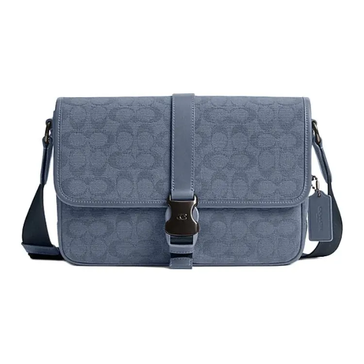 COACH Coach League 29 Classic Monogram Textured Canvas and Leather Crossbody Bag for Men, Large Size, Blue