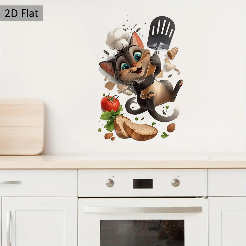 2D Flat Transparent Kitchen Sticker, Funny Cat Wall Decal, Chef Cat Wallpaper, Fun Fashion Pattern, for Kitchen, Restaurant, Bakery, Creative Gift
