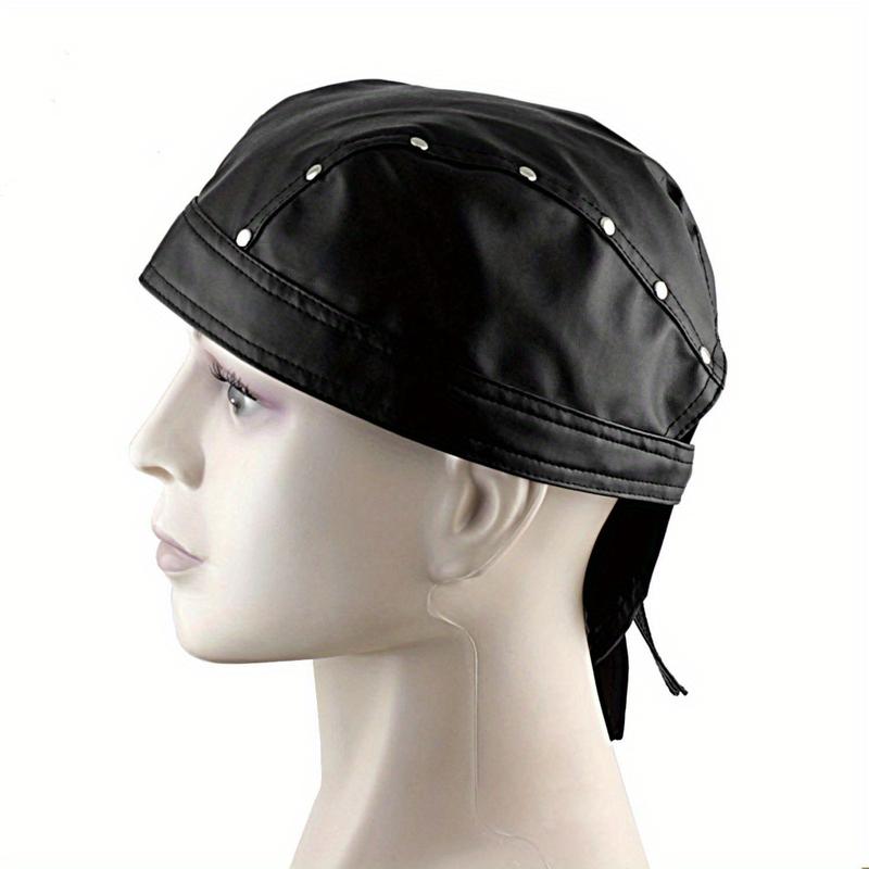 One-Size Black Leather Bandana for Men with White Studs - Biker Doo Do Rag Headwrap, 100% Genuine Leather, Woven Style, Perfect for Parties jungkook  hat scarf head wrap