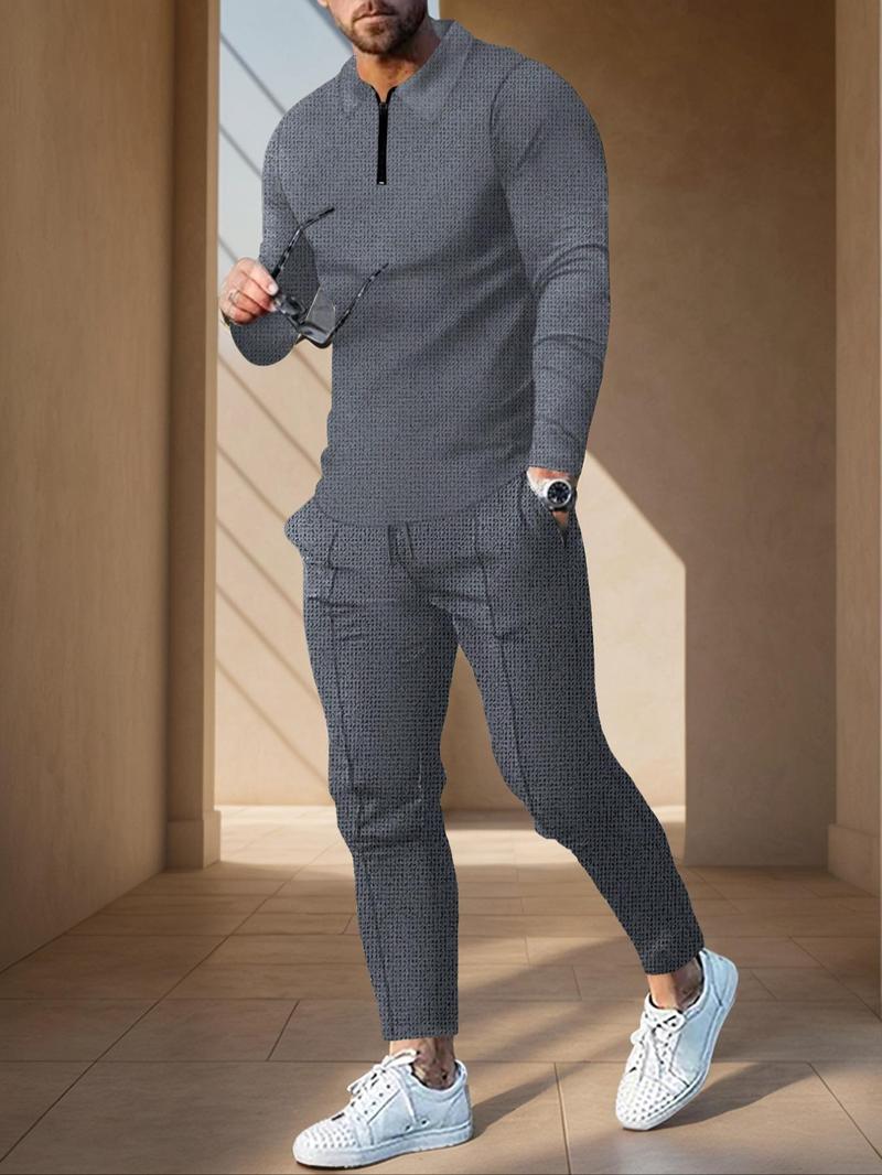 Men's Solid Color Zip Polo Shirt and Drawstring Waist Pants Set, Stylish Long Sleeve Top with Practical Pocket Design for Casual Sports