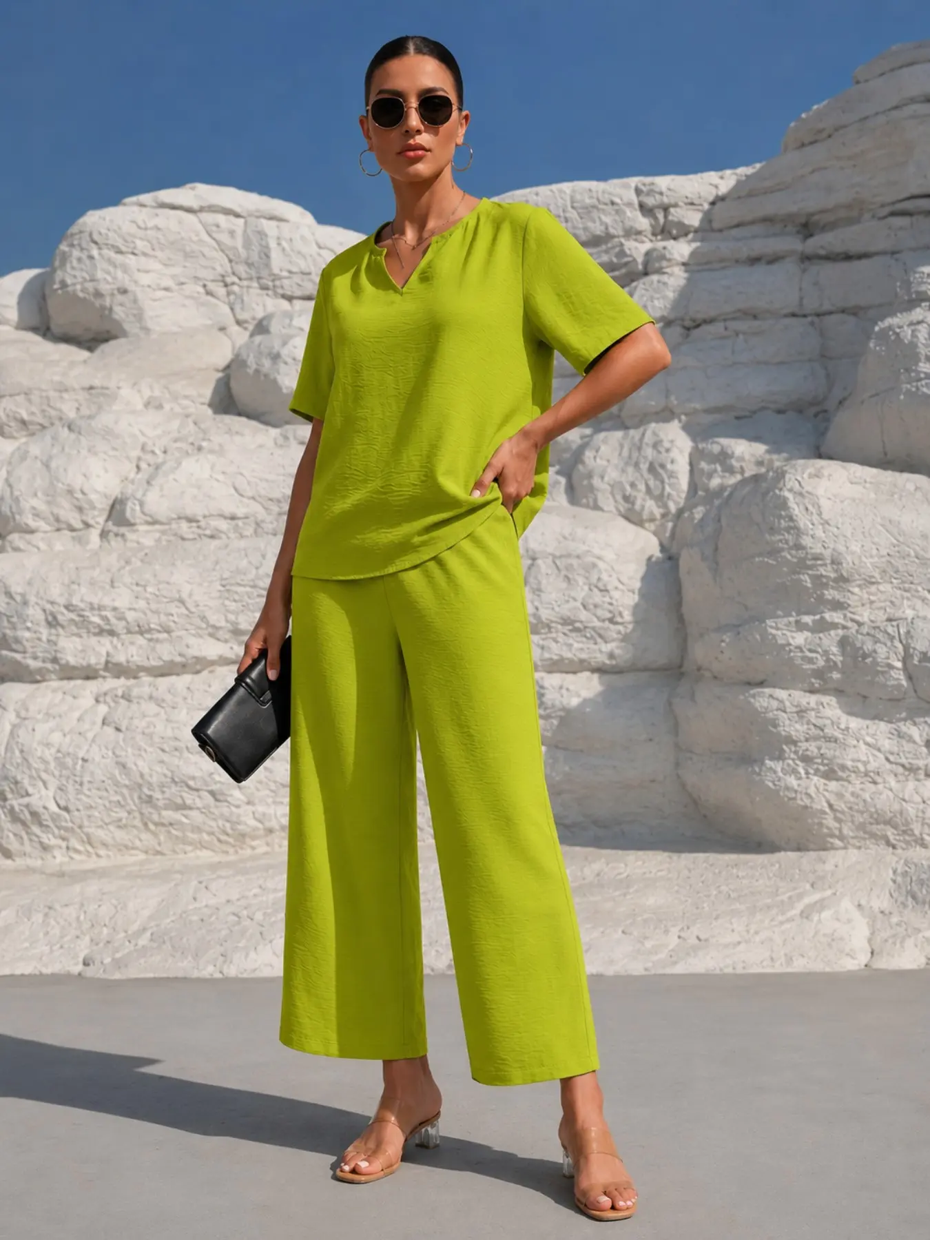 Women's V-Neck Short-Sleeve Shirt and Wide-Leg Pants Set with Elastic Waist, Solid-Color Casual and Comfortable Outfit, Perfect for Daily Wear