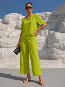 Women's V-Neck Short Sleeve Shirt Set, Wide Leg Pants with Elastic Waist, Solid Color Casual Comfortable, Perfect for Daily Wear, Everyday Clothes