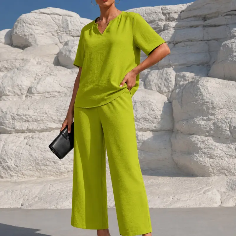 Women's V-Neck Short-Sleeve Shirt and Wide-Leg Pants Set with Elastic Waist, Solid-Color Casual and Comfortable Everyday Outfit, Perfect for Daily Wear, Two Piece Outfit