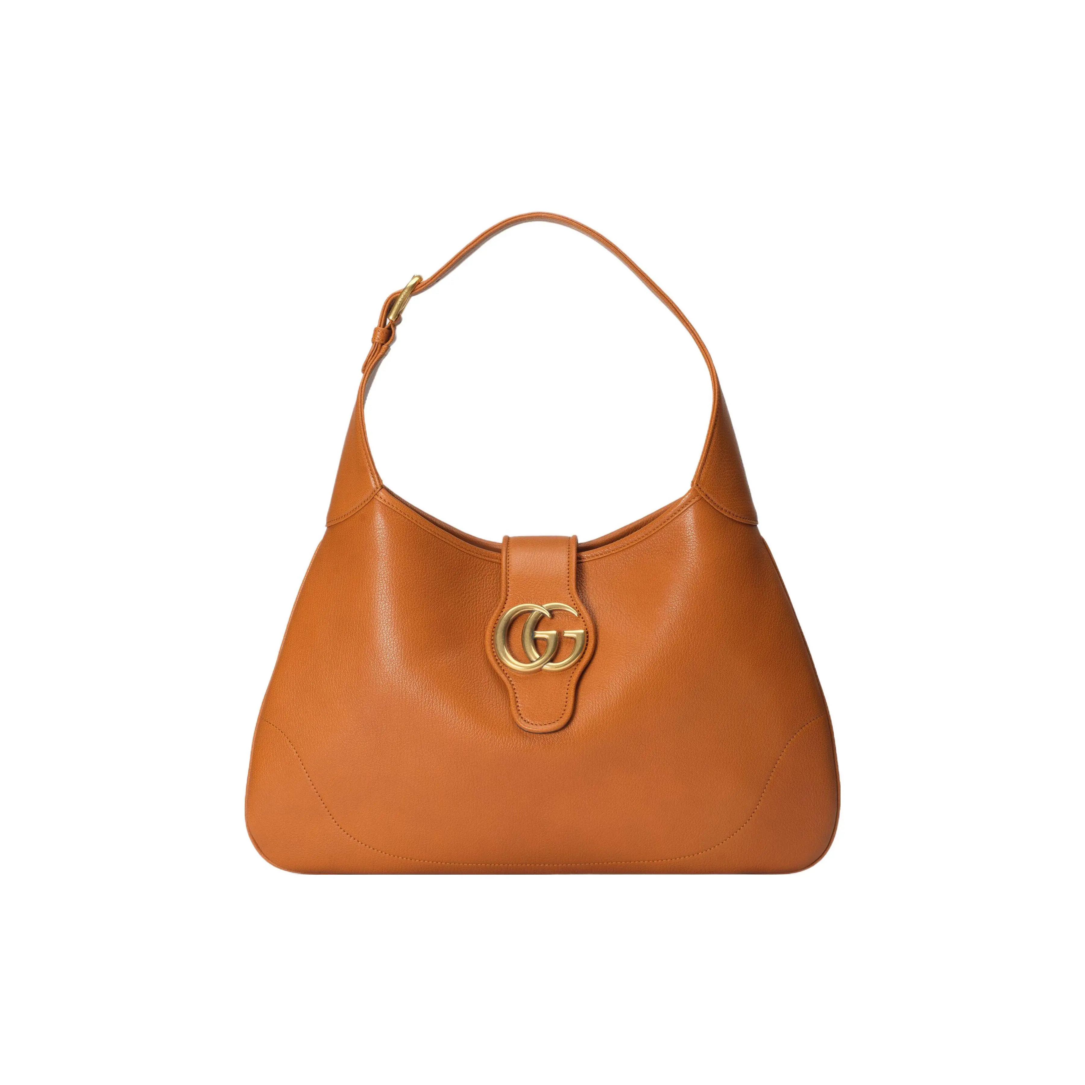 Gucci Aphrodite Distressed Shiny Gold-Tone Leather Crescent Bag with Double G Logo Zip Closure – Women’s Medium Brown Handbag