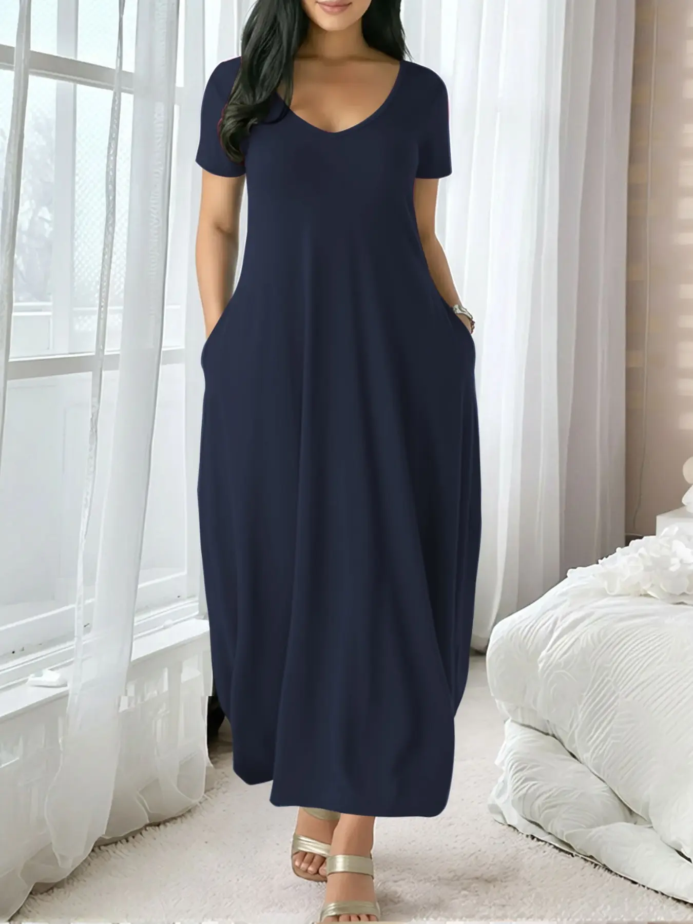 Women's Soft Fabric Long Coffee Dress for All Seasons, Casual Fitted Large Round Neck Short Sleeve Loungewear Dress with Pockets