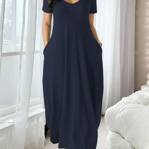 Women's Extra Long Multicolor Dress, Large Round Neck Short Sleeve Pocket Nightgown, Comfortable Casual Home Wear, Soft Fabric All Seasons