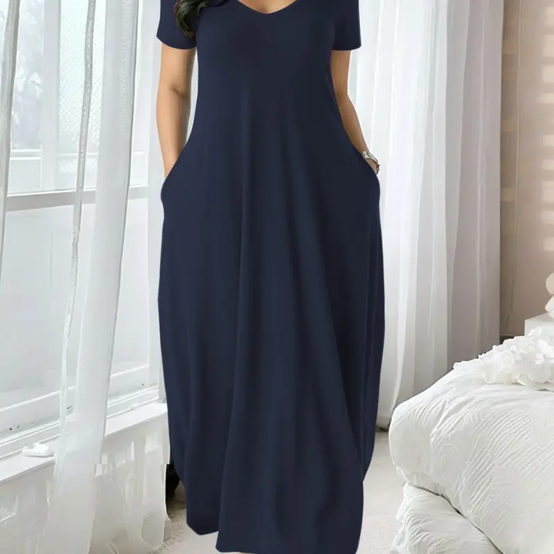 Women's Extra Long Multicolor Dress, Large Round Neck Short Sleeve Pocket Nightgown, Comfortable Casual Home Wear, Soft Fabric All Seasons