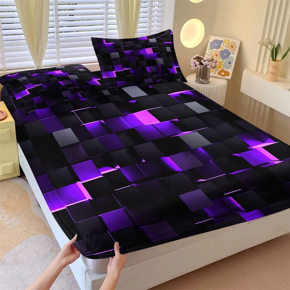 3D Neon Square Print Bed Sheet Set, High Elastic Full Coverage Mattress Protector, Dustproof Anti-Slip, Gaming Room Bedroom Home Decor