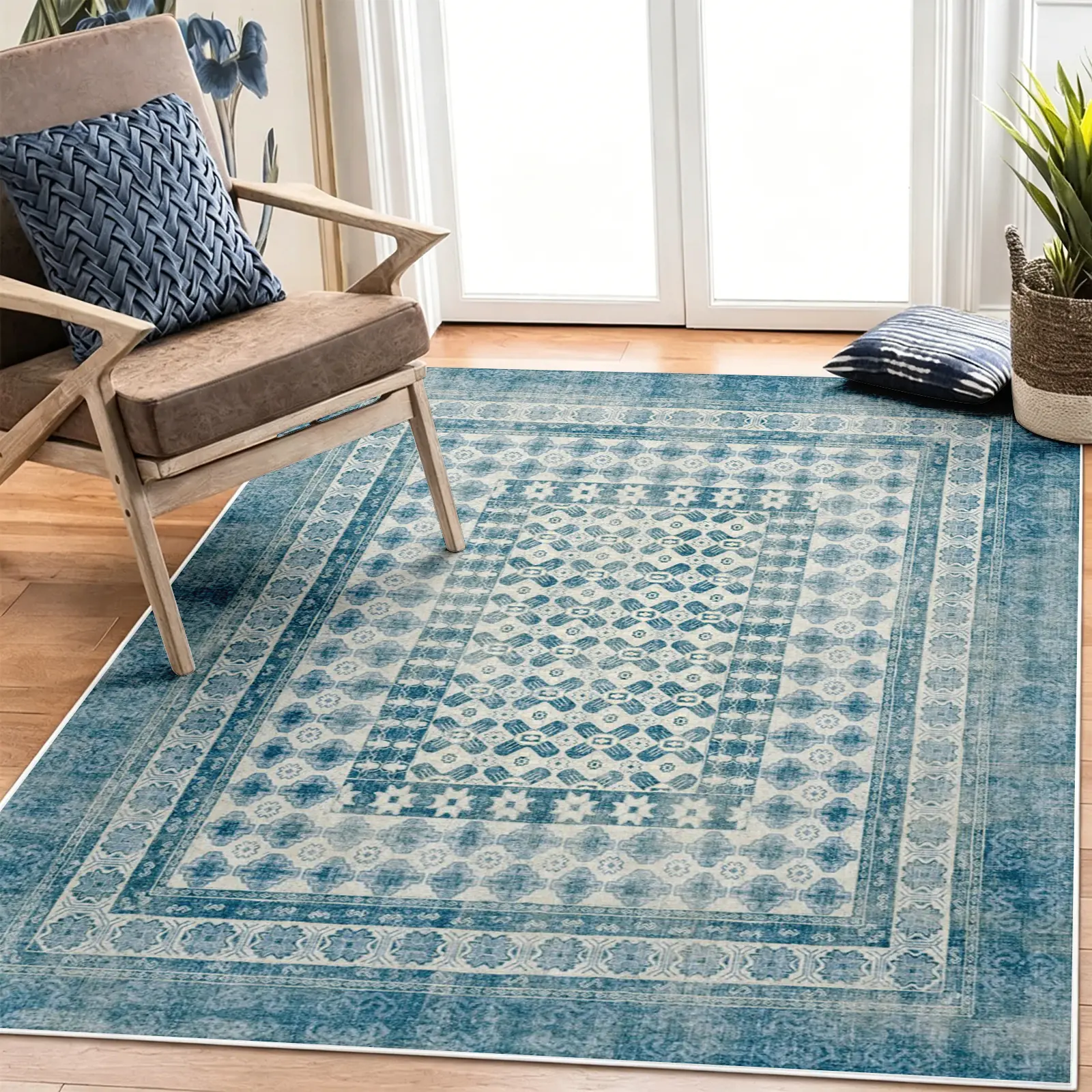 Coastal Indigo Vintage Area Rug, Non-Slip Washable Soft Carpet, Low Pile Denim Wash Geometric Floor Mat for Living Room Bedroom, Aesthetic Rustic Home Decor Large Rug
