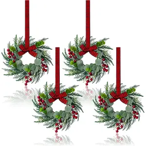 4Pcs 10 Inch Small Christmas Wreaths Mini Wreaths for Kitchen Cabinets Door Fireplace Window Farmhouse Indoor Home Christmas Decorations